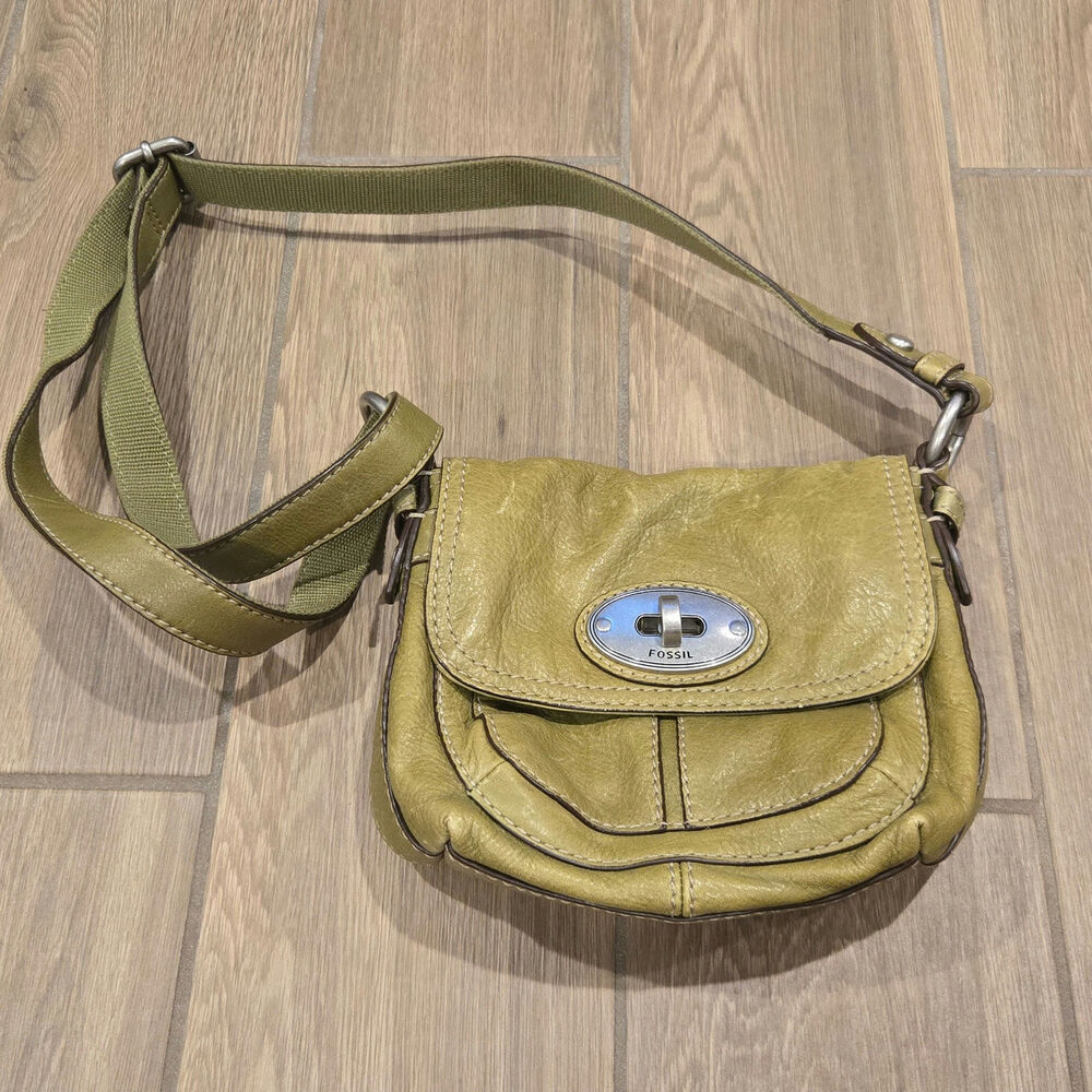 Y2K Fossil Maddox small crossbody Bag Turn Lock Pebbled Leather olive green - Picture 2 of 8